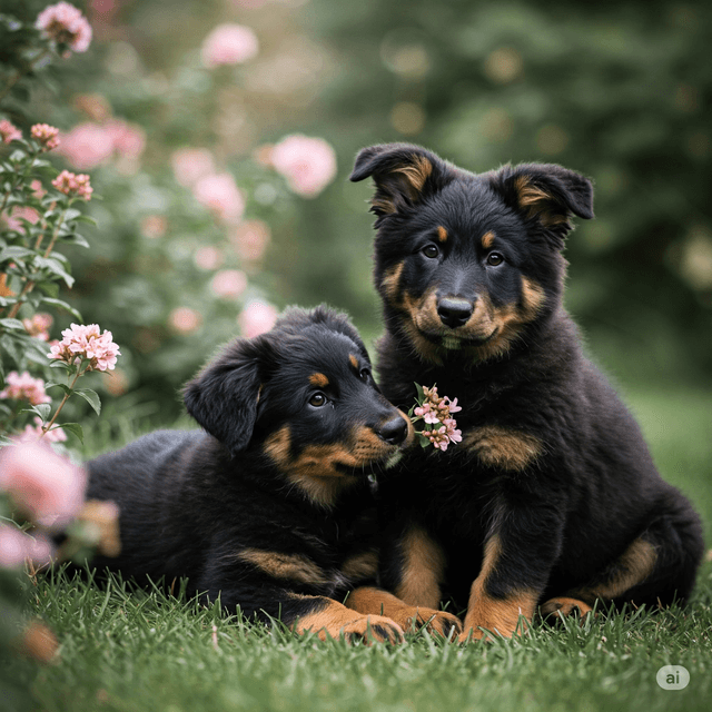 Beauceron puppies exploring nature 🌻