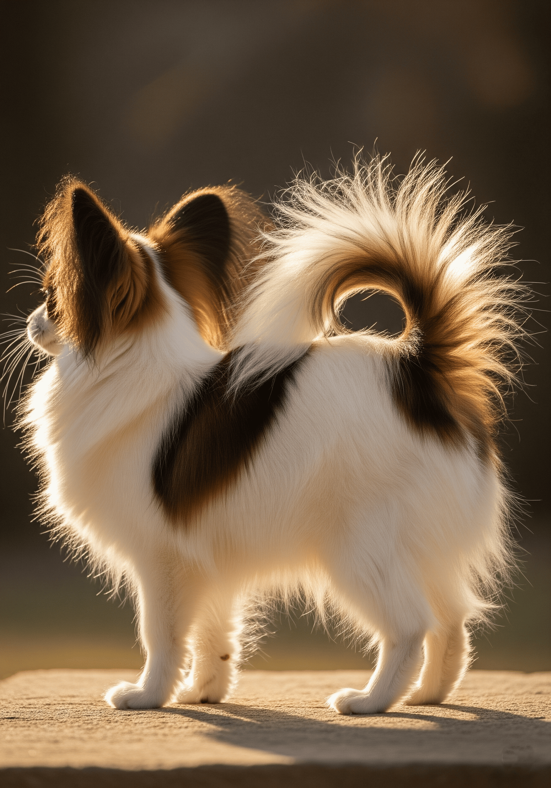 📏 Papillon dog breed showing its furry tail